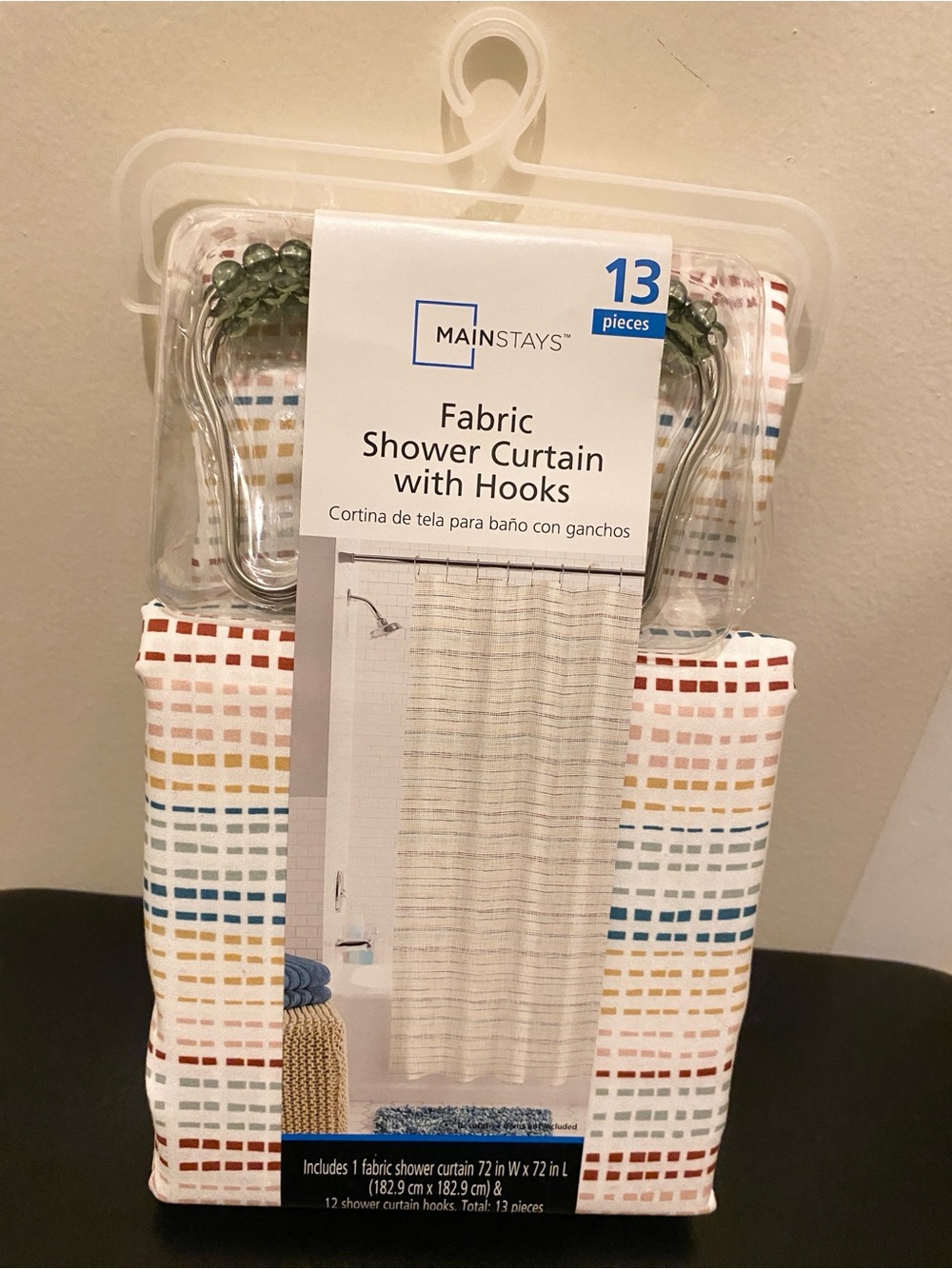 C) Mainstays 13 piece lightweight fabric printed shower curtain with hooks.